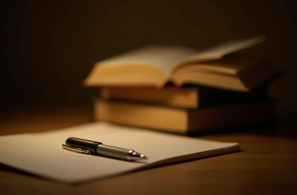 Pilha de livros e materiais de escrita com luz quente e convidativa